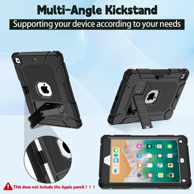 Detalle 1 de SINSO Heavy Duty Shockproof Case for iPad 9.7in (6th Gen 2018 / 5th Gen 2017 / Air 2) with Kickstand & Pencil Holder – Black