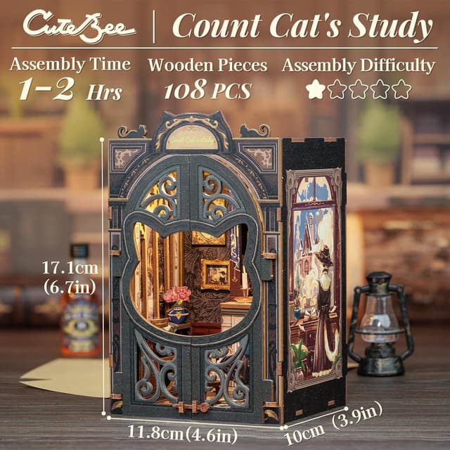 Detalle de CUTEBEE Count Cat’s Study Book Nook Kit mit LED – DIY Puppenhaus Bausatz als Bücherregal-Deko
