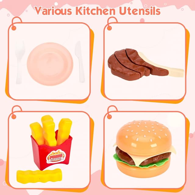 Thumbnail 6 de 200Pcs Mini Play Kitchen Accessories Set for Kids (Pretend Cooking Playset) — Cookware, Tableware, and 2 Fruit Sets, Pink