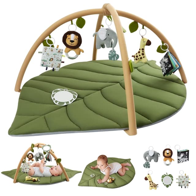 Detalle de Blissful Diary Baby-Spielbogen mit Activity-Playmatte „Waldgrün“ und 6 abnehmbaren Spielzeugen (Übergroßes Blatt, 135 × 94 × 2,5 cm)