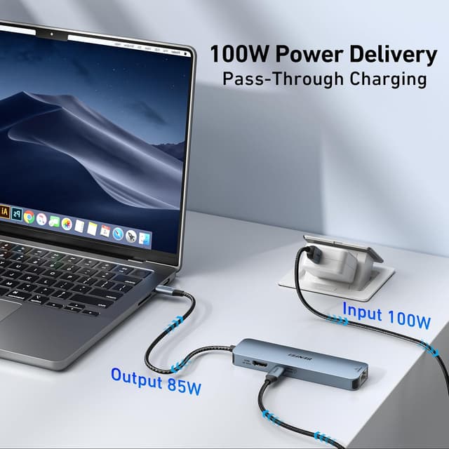 Detalle de BENFEI 6in1 USB‑C Hub mit HDMI (4K@60Hz), Gigabit Ethernet und 100W PD – 3× USB‑A (5 Gbps)