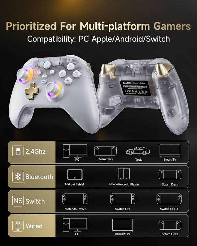 Detalle de EasySMX Enhanced Wireless Bluetooth PC Controller with Charging Dock, RGB and Hall Sensor (White)