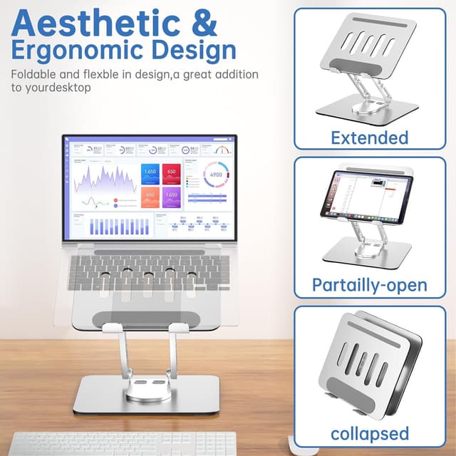Detalle de GleYo Adjustable Laptop Stand for Desk with 360° Rotating Base (Ergonomic, Foldable, 10–16 inch Laptops)
