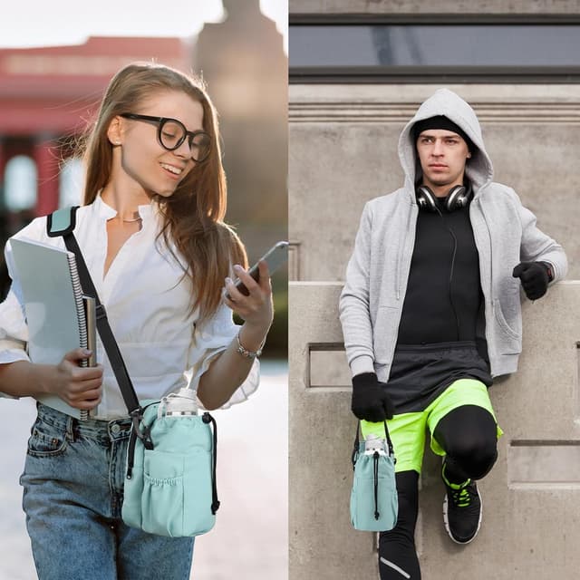 Detalle 2 de RZMAYIS 32/40oz insulated water bottle carrier bag with phone pocket (Green) — crossbody sling for hiking & walking