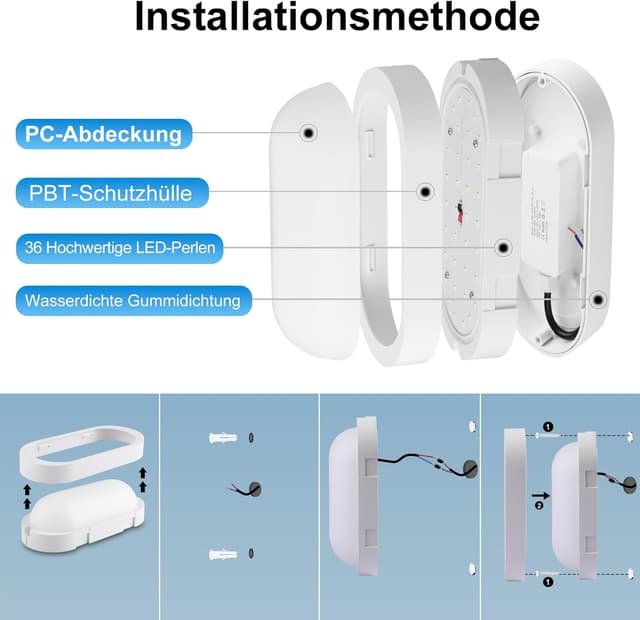 Thumbnail 6 de IEGLED 2er-Set Kellerlampe mit Bewegungsmelder (Radar), IP65 LED Wandleuchte mit Dämmerungssensor, 12W oval