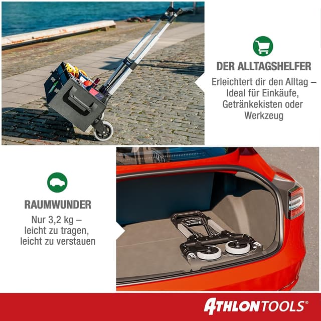 Detalle de ATHLON TOOLS Aluminium Transportkarre klappbar mit langem Teleskopgriff (110 cm) – TÜV geprüft
