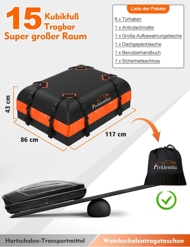 Detalle de FIVKLEMNZ Dachbox Auto für Dachgepäckträger – wasserdichte Dachtasche inkl. Anti-Rutsch-Matte, Gurte & Schloss