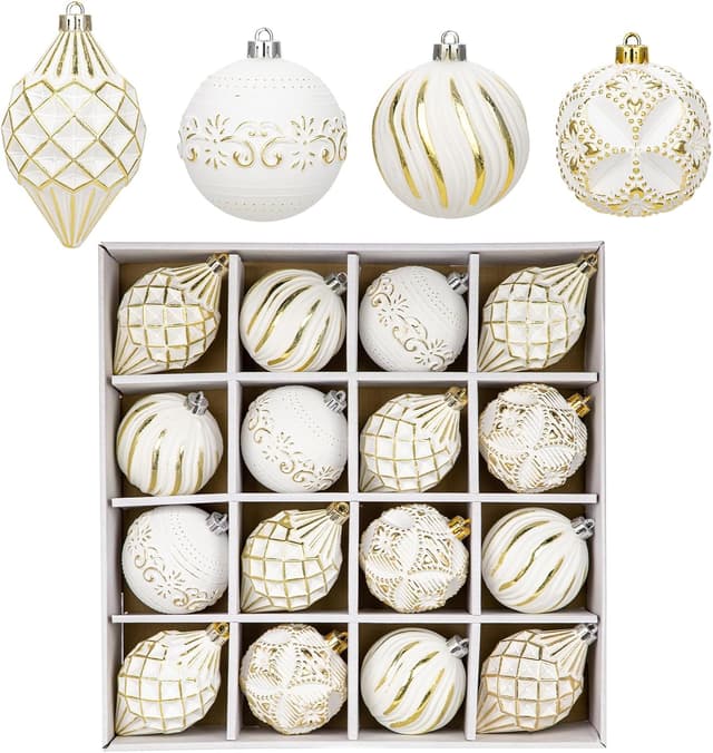 Detalle de Oairse 16-piece Christmas tree baubles set (shatterproof) in white and gold