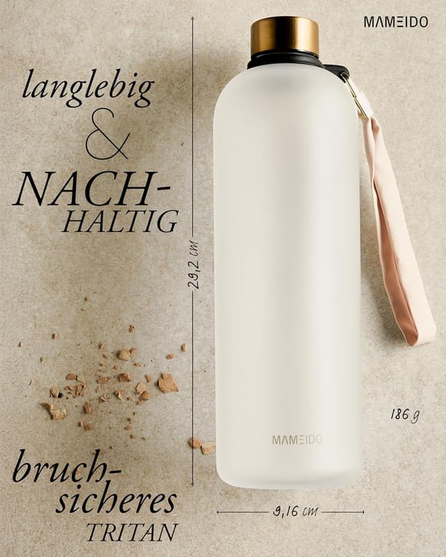 Detalle de MAMEIDO Trinkflasche mit Zeitmarkierung, 1,5 l (kohlensäurehaltig, BPA-frei) – auslaufsicher mit Tritan