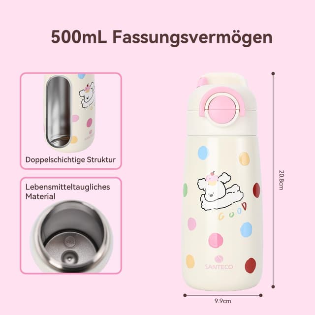 Detalle de SANTECO Kinder Thermosflasche mit Strohhalm 500 ml, auslaufsicher, Edelstahl, BPA-frei (rosa Motiv)