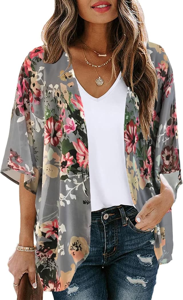 Detalle de Women’s Floral Print Puff Sleeve Kimono Cardigan Chiffon Cover-Up (Loose, Open Front)