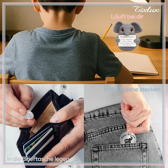 Detalle 2 de Tixlux Pocket Hug „Positiver Elefant“ – Strick-Dekofigur mit Edelstahl-Glücksbringer als Mutmacher-Geschenk