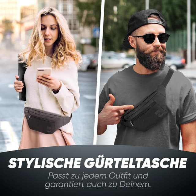 Detalle 2 de RUVO® Bauchtasche für Herren und Damen – wasserabweisende Hüfttasche mit 4 Reißverschluss-Fächern
