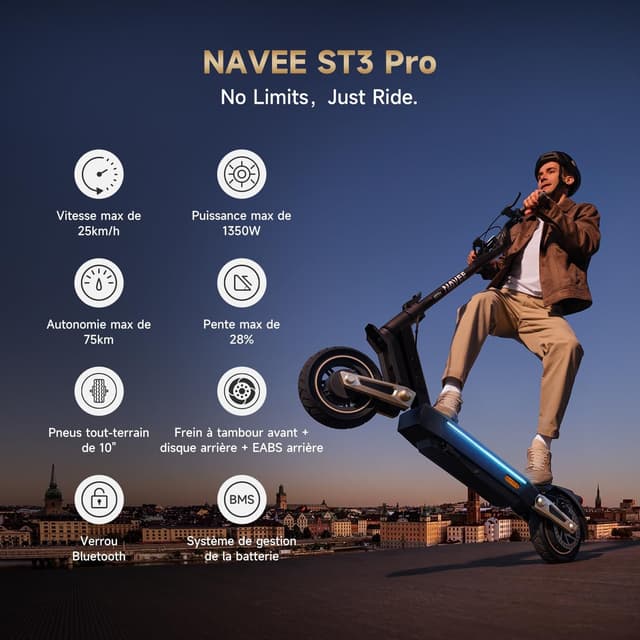 Detalle de NAVEE ST3 Pro trottinette électrique adulte 1350 W max, autonomie annoncée 75 km, suspension intégrale et TCS