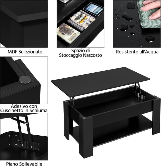 Detalle 2 de Yaheetech Tavolino da caffè sollevabile elevabile per divano con ripiano inferiore 98 x 50 x 42-56 cm nero