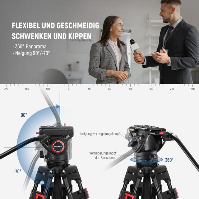 Detalle de NEEWER TP74 Videostativ (74") mit Fluidkopf, Dämpfungsregelung und QR-Platte – Heavy-Duty für DSLR & Camcorder