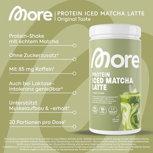 Detalle de MORE Protein Iced Matcha Latte (500 g) – Matcha-Grünteepulver mit Proteinen, wenig Zucker