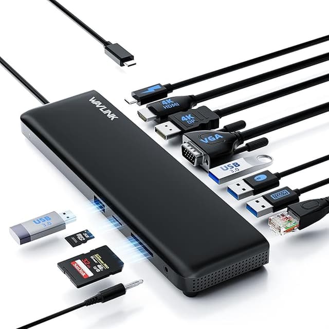 Detalle de WAVLINK Estación USB-C 3 Monitores 📺 HDMI, DP, VGA, 100W PD