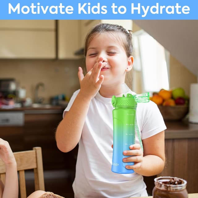 Detalle 2 de OLDLEY 450ml/15oz kids water bottle with straw, one-touch lid and time markings (BPA-free, leakproof)