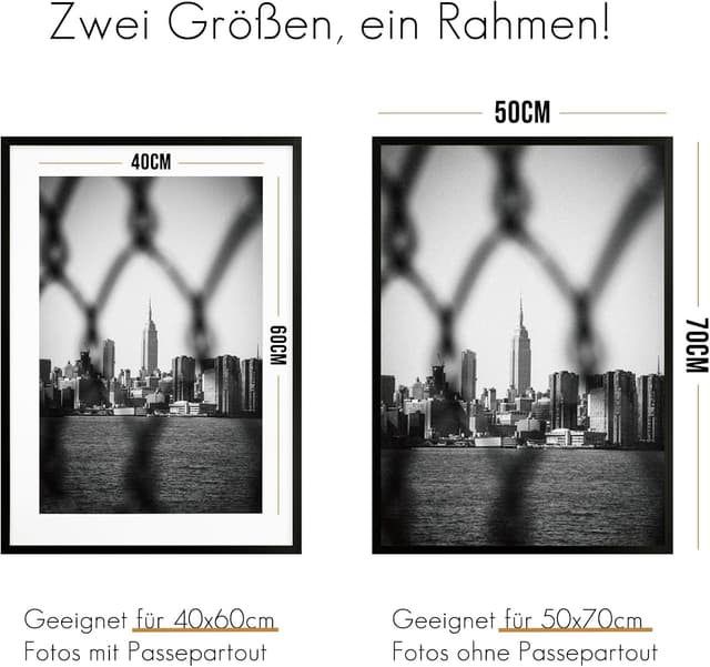 Detalle de VUVUZULA Bilderrahmen 50x70 cm Schwarz im 3er-Set mit Passepartout – Posterrahmen aus Kunststoff