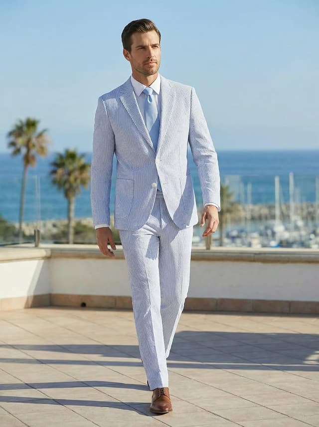 Detalle de Mrbuerly Men’s Blue Seersucker Summer Suit Set (Slim Fit) for Weddings
