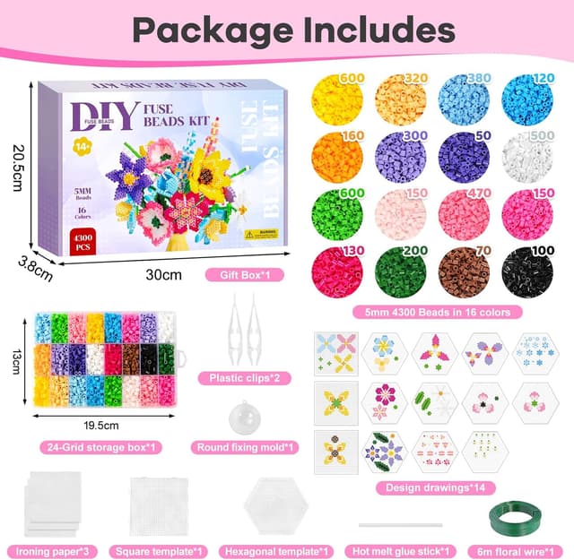 Detalle 2 de WEVOL Bügelperlen Bastelset Blumen mit 4.300 Steckperlen (5 mm), 16 Farben, 14 Vorlagen & Aufbewahrungsbox
