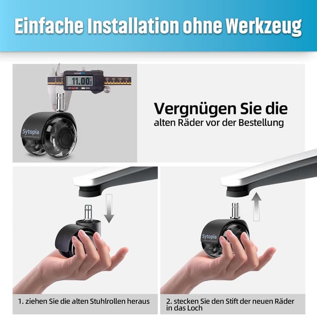 Thumbnail 6 de Sytopia Bürostuhl Rollen 5er-Set (11×22 mm) – 50 mm Hartbodenrollen, leise Gummilauffläche, schwarz