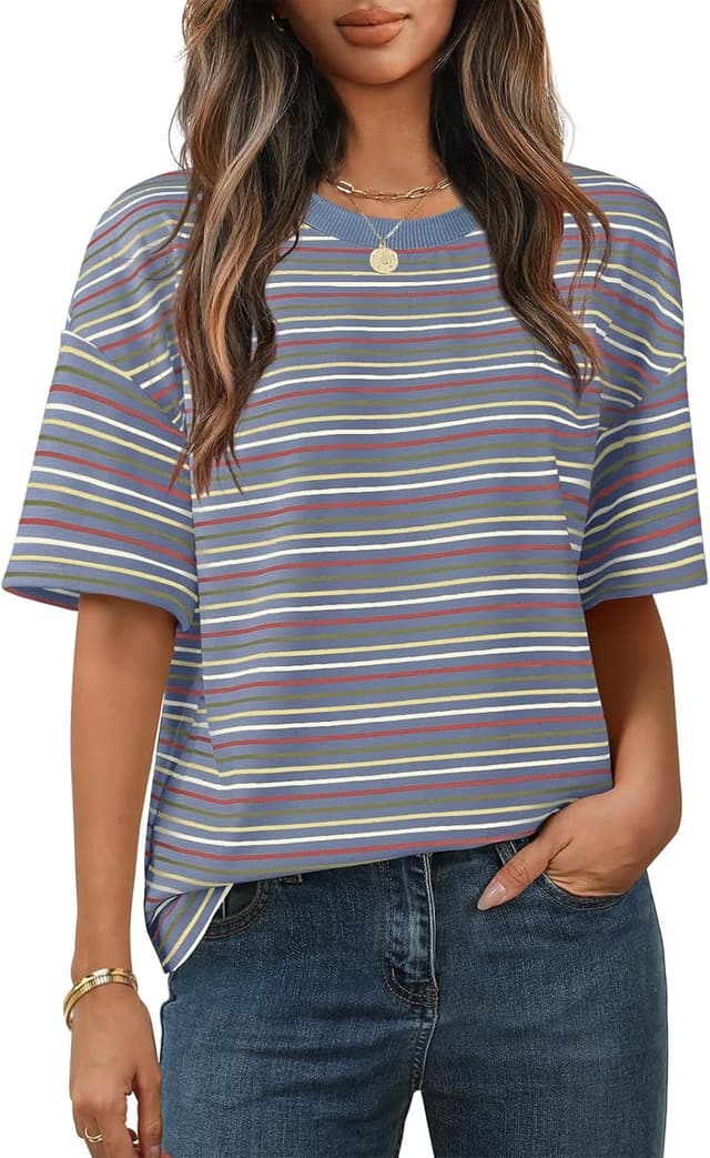 Thumbnail 6 de Cuptacc Damen Oversize T-Shirt mit Rundhals und Streifenmuster – Kurzarm-Tunika im Sommerlook