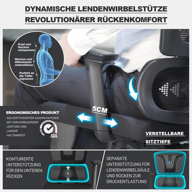 Detalle de MELOKEA Bürostuhl ergonomisch mit 4D-Armlehnen, verstellbarer Sitztiefe & Lordosenstütze (bis 200 kg)