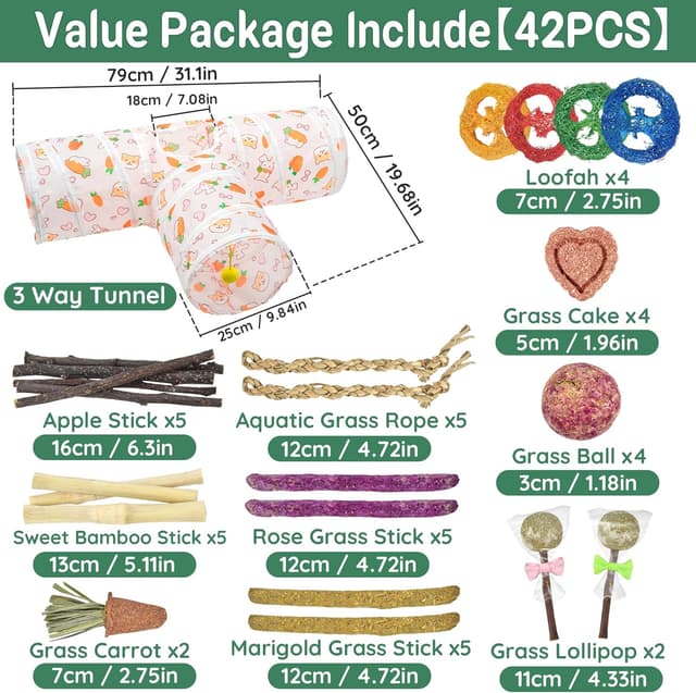 Detalle de LECHONG 42-in-1 Box Natural Rabbit Toys with Collapsible Tunnel Set (chews & hideout for rabbits and small pets)