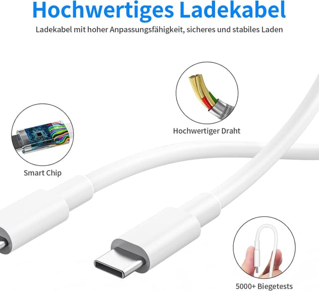 Detalle de 20W USB‑C Netzteil mit Schnellladekabel (2 m) – Typ C Power Adapter für iPhone 14/13/12/11/XS/XR/8 Plus