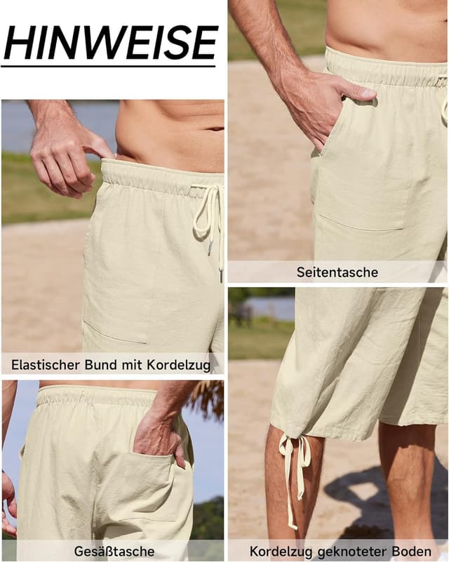 Detalle de LVCBL Short en lin pour homme 3/4 : décontracté pour la plage, le yoga et le jogging