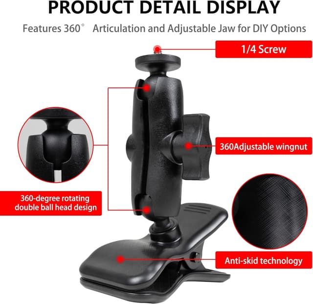 Detalle 2 de HLEESH Jaws Clamp Mount for GoPro Hero Cameras with 360° Ballhead and 1/4” Thread (desk webcam stand)