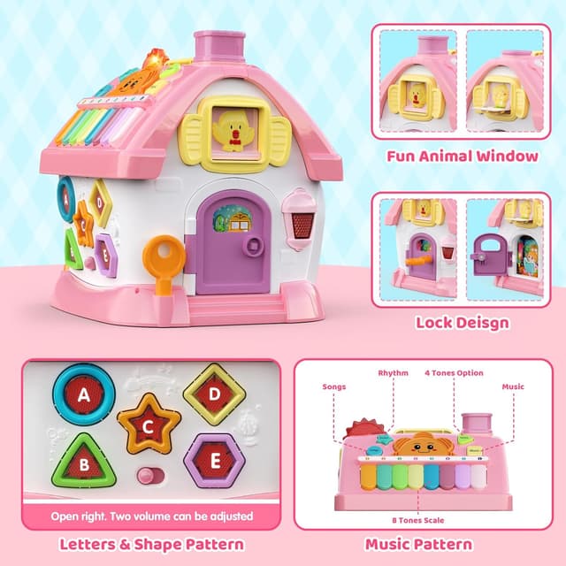 Detalle de Montessori 6-in-1 Multifunktionshaus Baby-Spielzeug (Musik, Uhr, Licht, Telefon, Auto) für Mädchen 1–2 Jahre