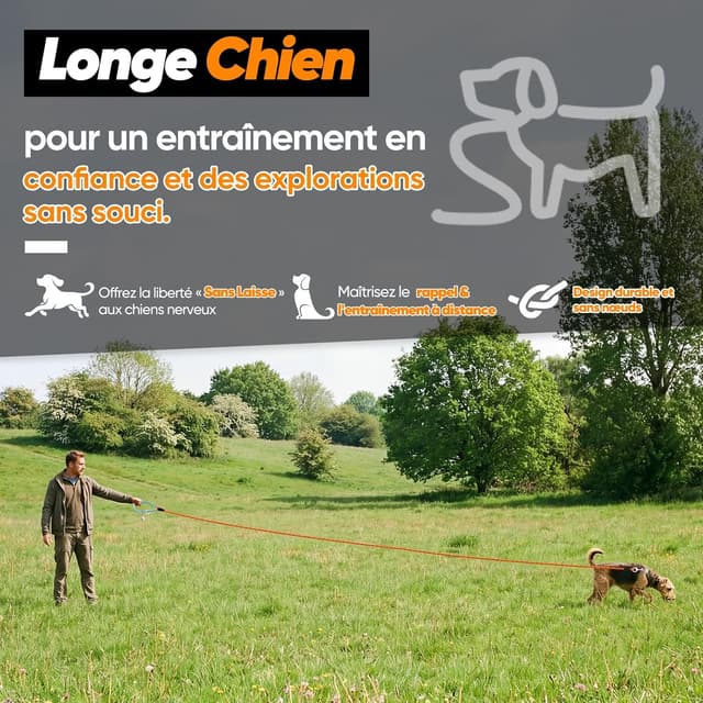 Detalle de Aystkniet longe de dressage pour chien 30 m avec crochets pivotants (orange, corde 8 mm)