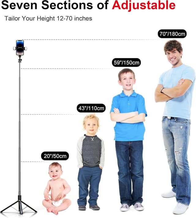 Detalle 2 de ASHINER 180cm Selfie Stick Phone Tripod with Remote and LED Fill Lights