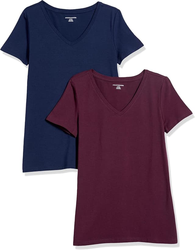 Detalle de Amazon Essentials T-shirt femme à manches courtes coupe standard (col en V) – packs multiples