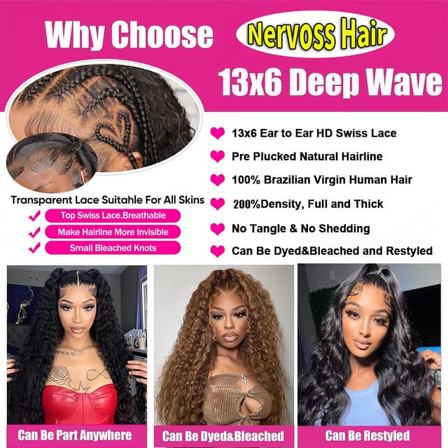 Detalle de Nervoss 30 Inch Deep Wave 13x6 HD Transparent Lace Front Wig (200% Density) with Baby Hair