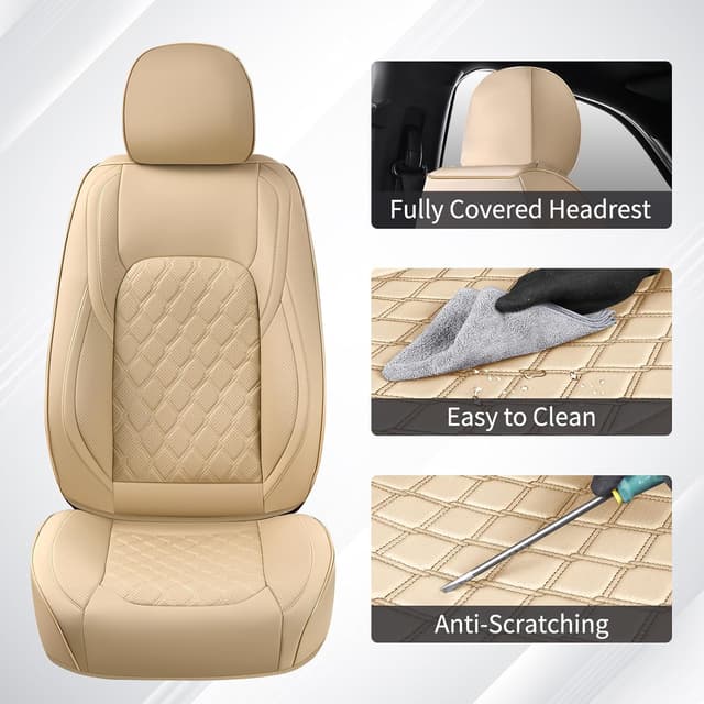 Detalle de Huidasource F150/F250/F350 Front & Rear Leather Seat Covers (Beige) for 2015-2025 Ford SuperCrew & 2017-2025 Super Duty Crew Cab