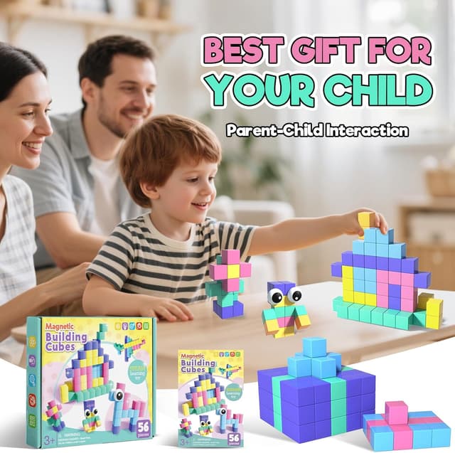 Thumbnail 6 de Magnetic Building Blocks for Kids (56pcs) – 1-inch Magnetic Cubes & Tiles with Toy Eyes for STEM Play