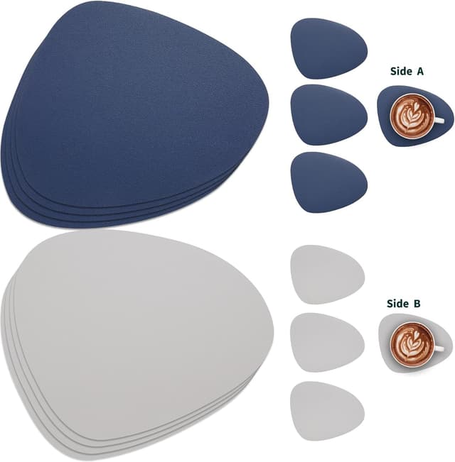 Detalle 2 de Myir JUN Tischsets aus PVC-Kunstleder (hellgrau/blau) – beidseitig nutzbar, abwaschbar, Set mit 4