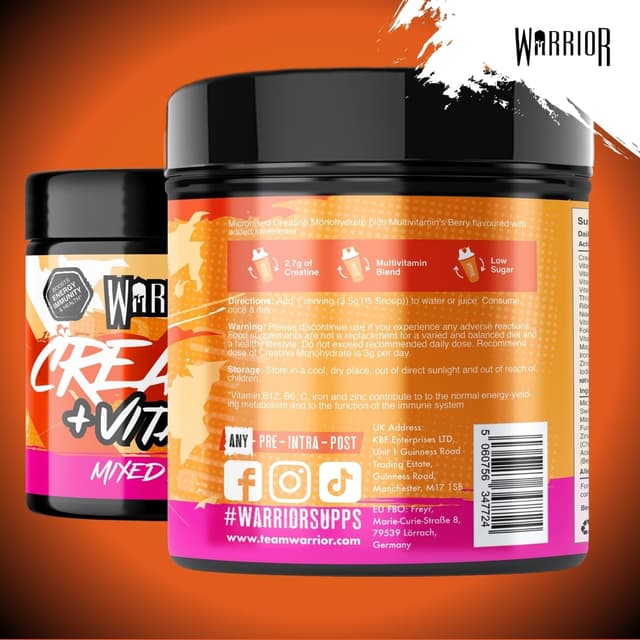 Detalle de Warrior Creatine Monohydrate + Vitamine (360 g, 80 Portionen) – mikronisiertes Kreatin & Multivitamin-Blend, vegan, Mixed Berry