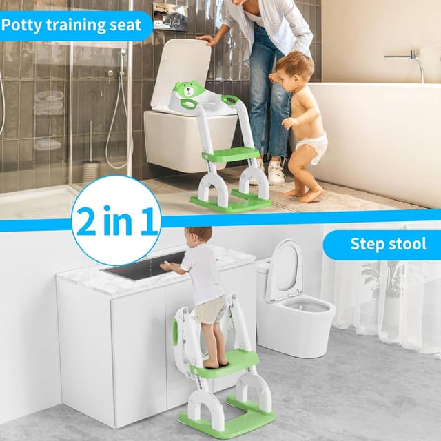 Detalle de Toilettensitz Kinder mit Treppe 2-in-1 (höhenverstellbar) – Toilettentrainer für Jungen und Mädchen, klappbar, verstellbare Lochpositionen