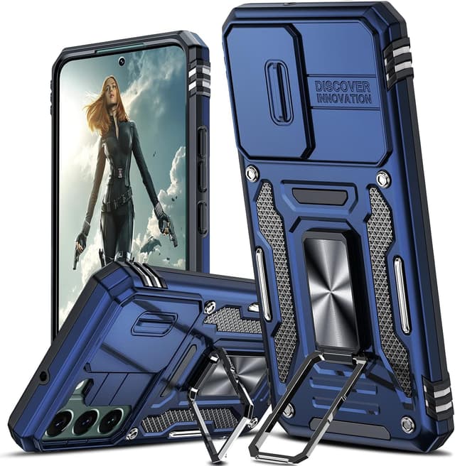 Detalle de LeYi Samsung Galaxy S22 5G Case with sliding camera cover and 360° ring stand (N-Blue)