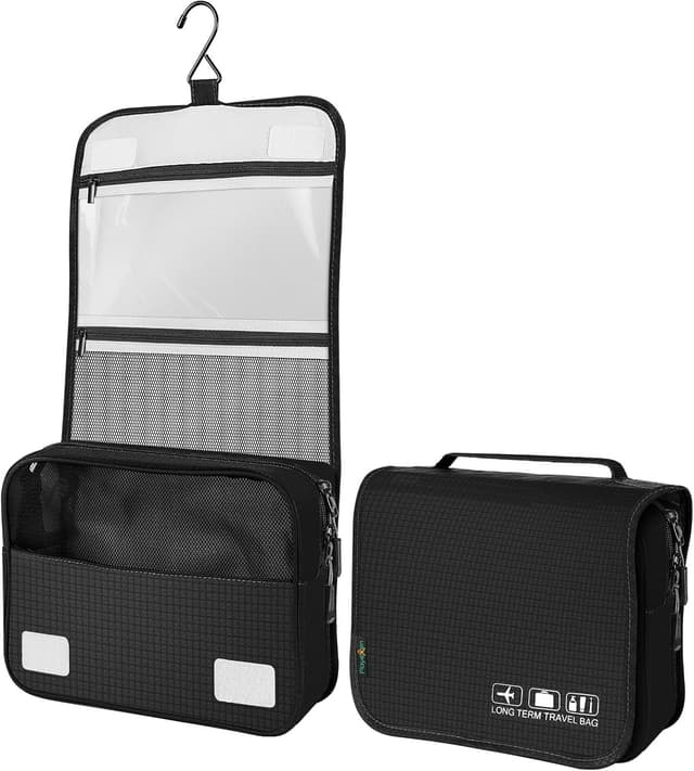 Detalle de Hängender Kulturbeutel mit Haken (schwarz) – Kulturbeutel zum Aufhängen, 25 x 20 x 9 cm, 4 Fächer