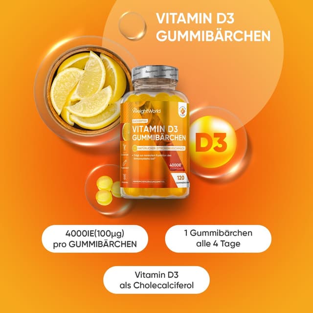 Detalle de WeightWorld Vitamin D3 Gummies 4000 I.E. – 120 zuckerfreie Gummibärchen mit Zitronengeschmack