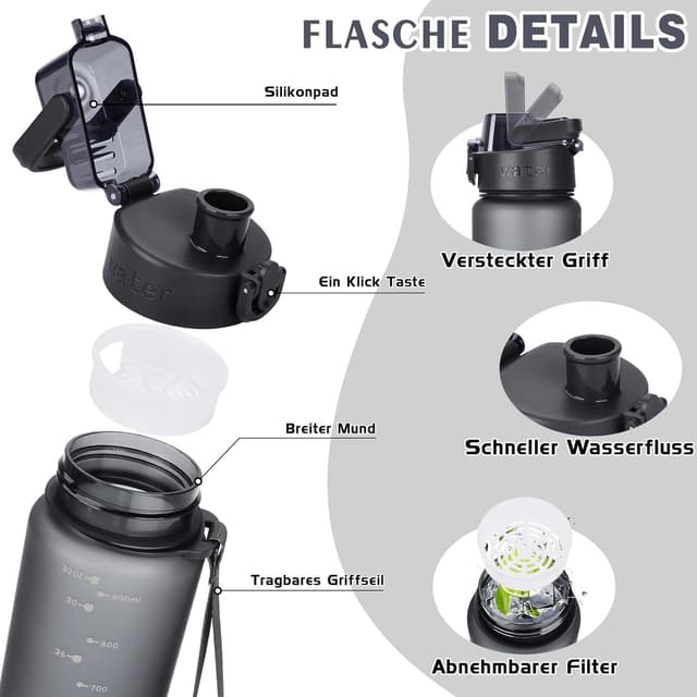 Detalle de AOPREL Trinkflasche 1 l aus Tritan, BPA-frei – Sportflasche mit Filter und Bürste