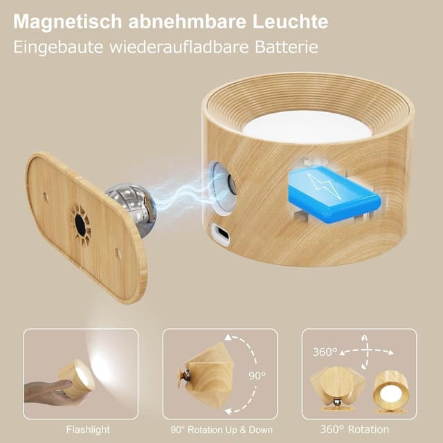 Detalle de Feallive LED-Wandleuchte für Innen mit Akku, Touch Control und 360°-Drehung