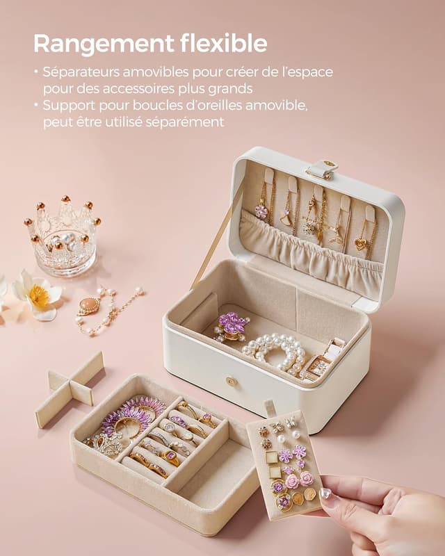 Detalle de SONGMICS Boîte à Bijoux de Voyage GISELLA, écrin portable à 2 niveaux (11 x 16 x 8 cm) – Blanc Nuage