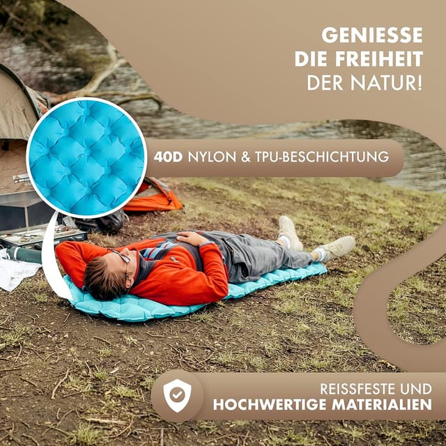 Detalle de NATURBUMMLER® Isomatte Ultraleicht 590 g für Camping & Trekking (195 x 56 cm) – aufblasbar, faltbar und wetterfest
